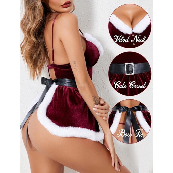 Women First Dark Red Christmas Santa Velvet Lingerie Babydoll Chemise Set - Picture 2 of 7